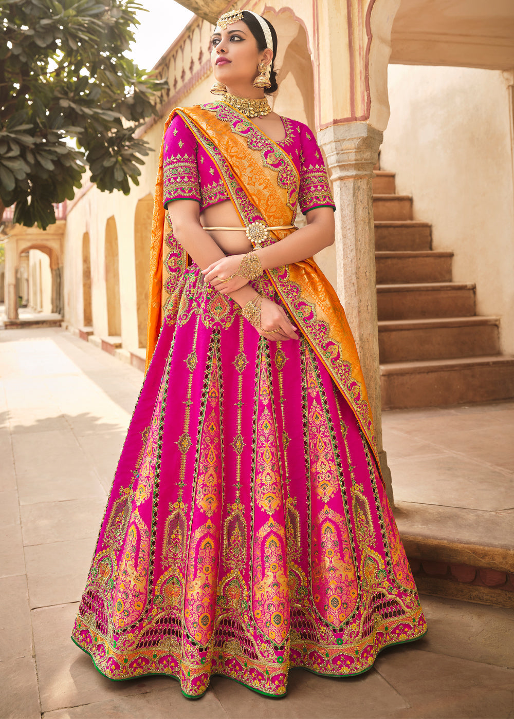 Buy MySilkLove Cranberry Pink and Orange Heavy Embroidered Lehenga Online