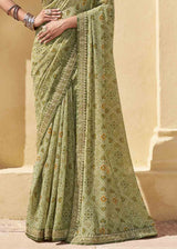 Olive Green Patola Print Georgette Saree With Embroidered Blouse