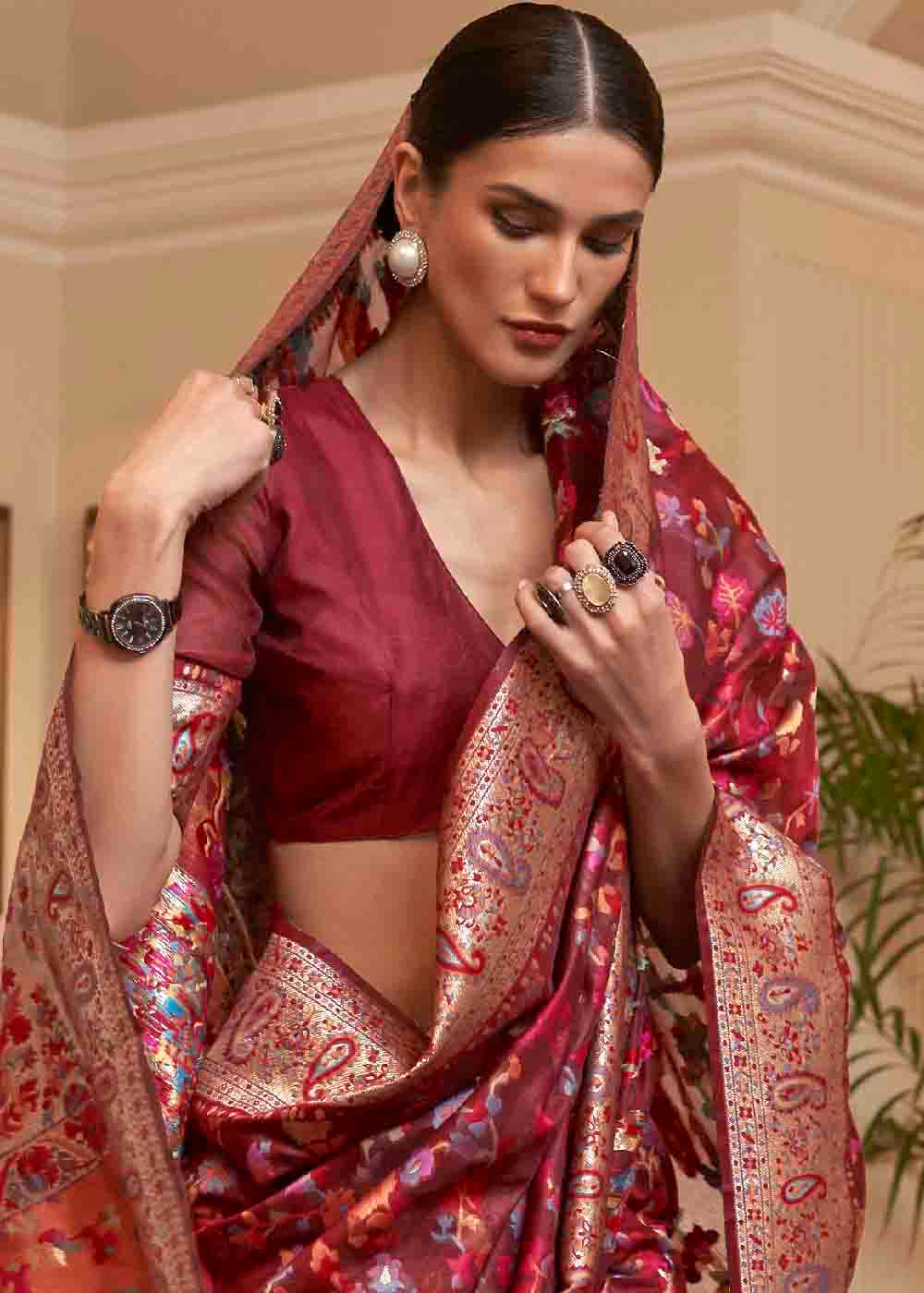 Buy MySilkLove Stiletto Brown Banarasi Jamawar Woven Silk Saree Online