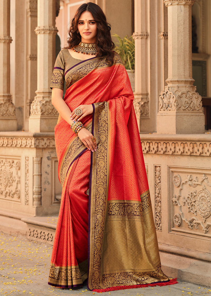 Mandarin Pearl Red and Purple Zari Woven Kanjivaram Saree