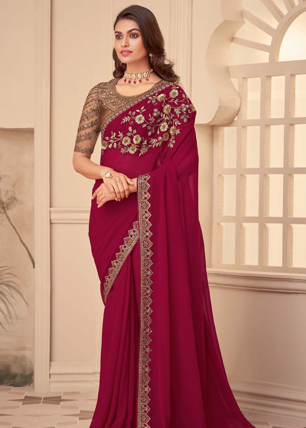 Buy MySilkLove Night Shadz Maroon Georgette Designer Saree with Embroidered Blouse Online