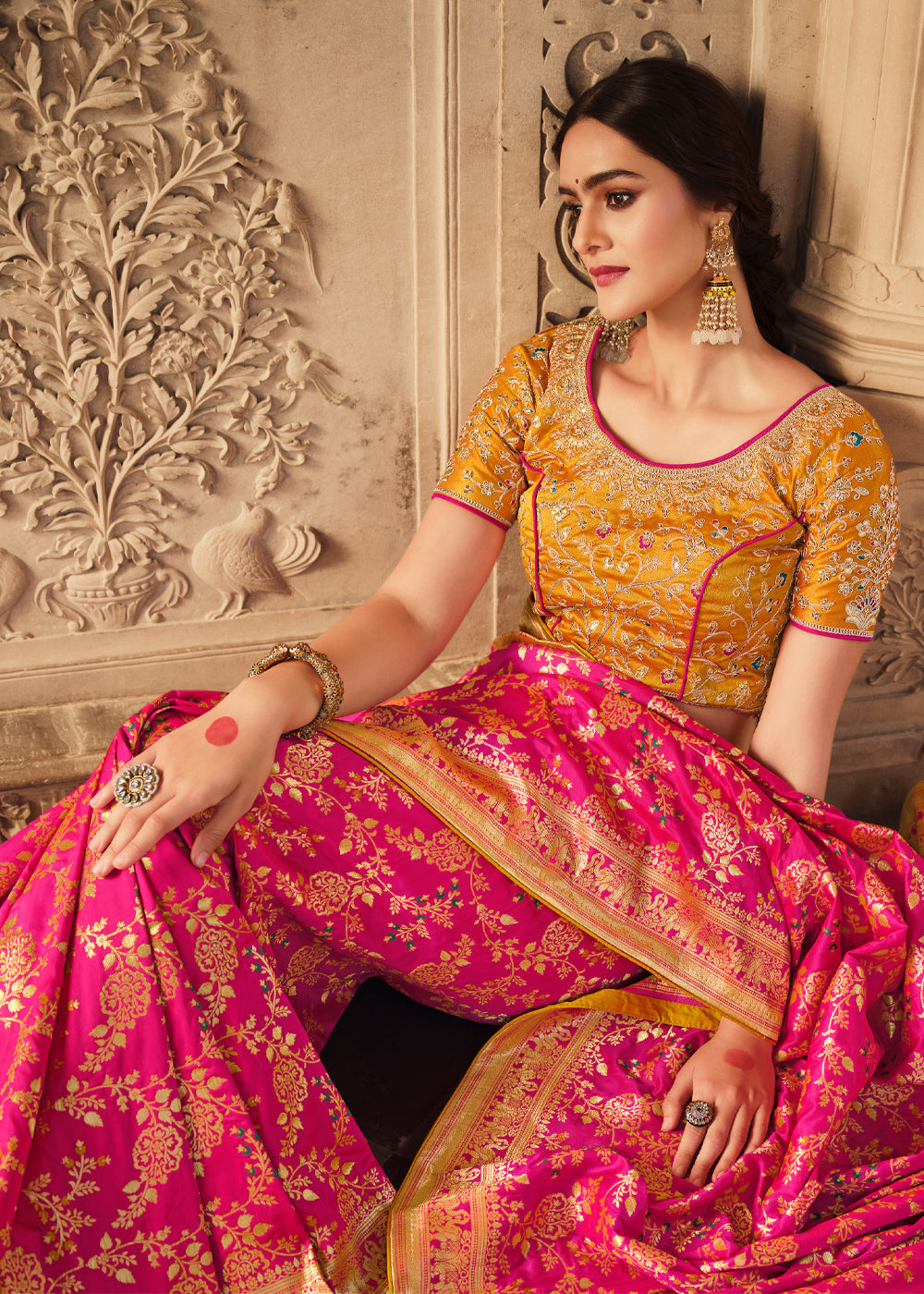 Buy MySilkLove Rose Pink and Yellow Zari Woven Banarasi Saree with Designer Blouse Online