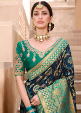 Cinder Blue and Green Woven Designer Banarasi Silk Saree