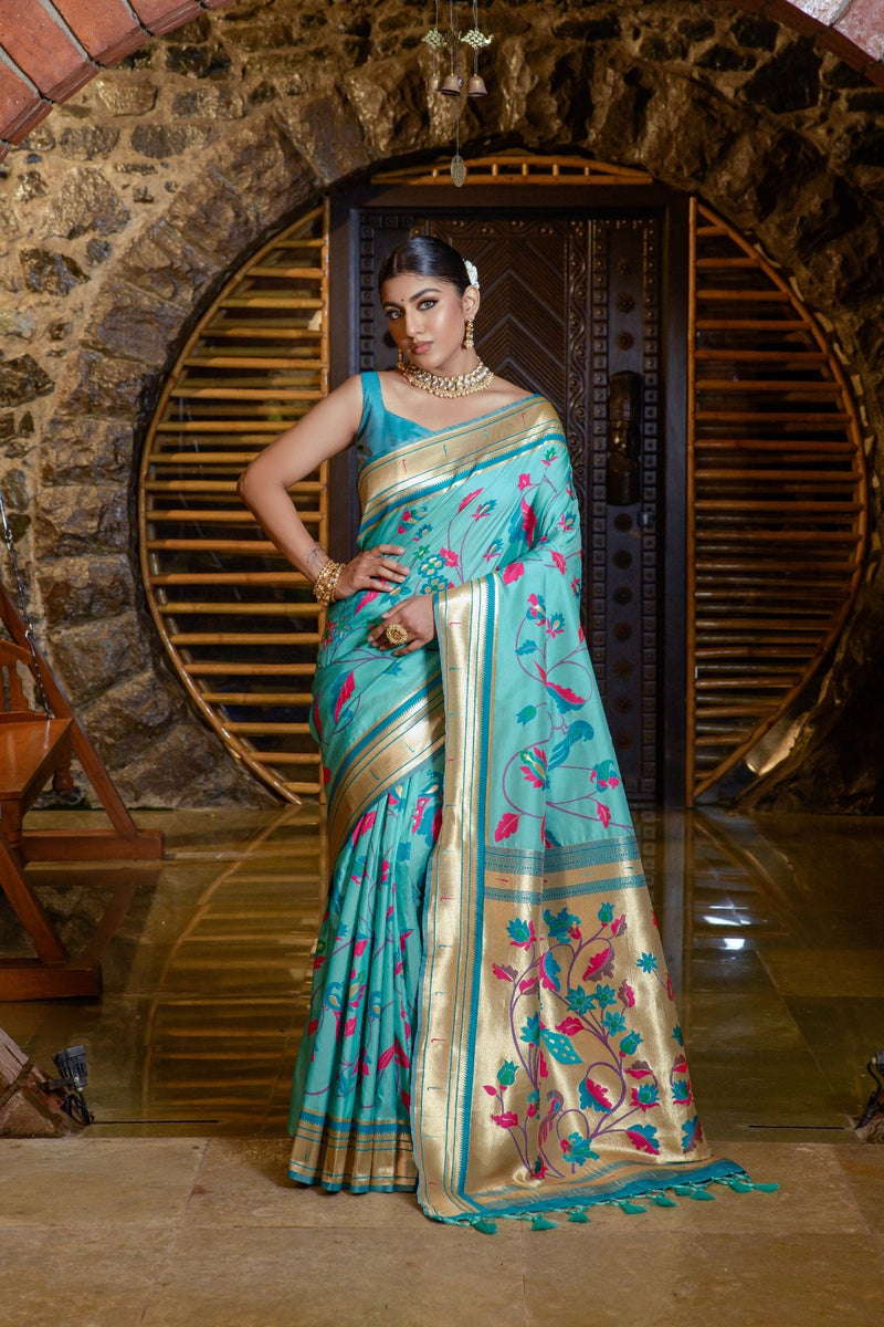 Egyptian Blue Banarasi Paithani Silk Saree | Silk sarees, Saree designs,  Balenciaga city bag