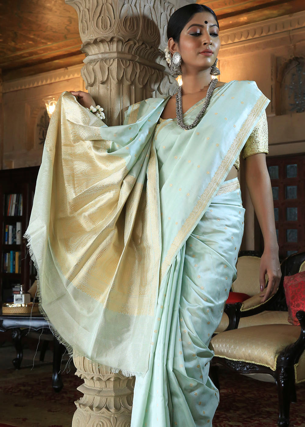 MySilkLove Polar Blue Katan Pure Silk Handwoven Booti Work Saree