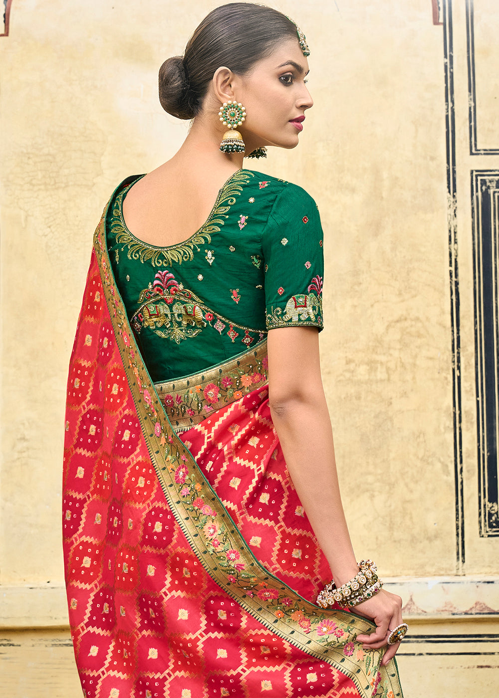 Buy MySilkLove Valencia Red and Green Patola Printed Dola Silk Saree With Embroidered Blouse Online