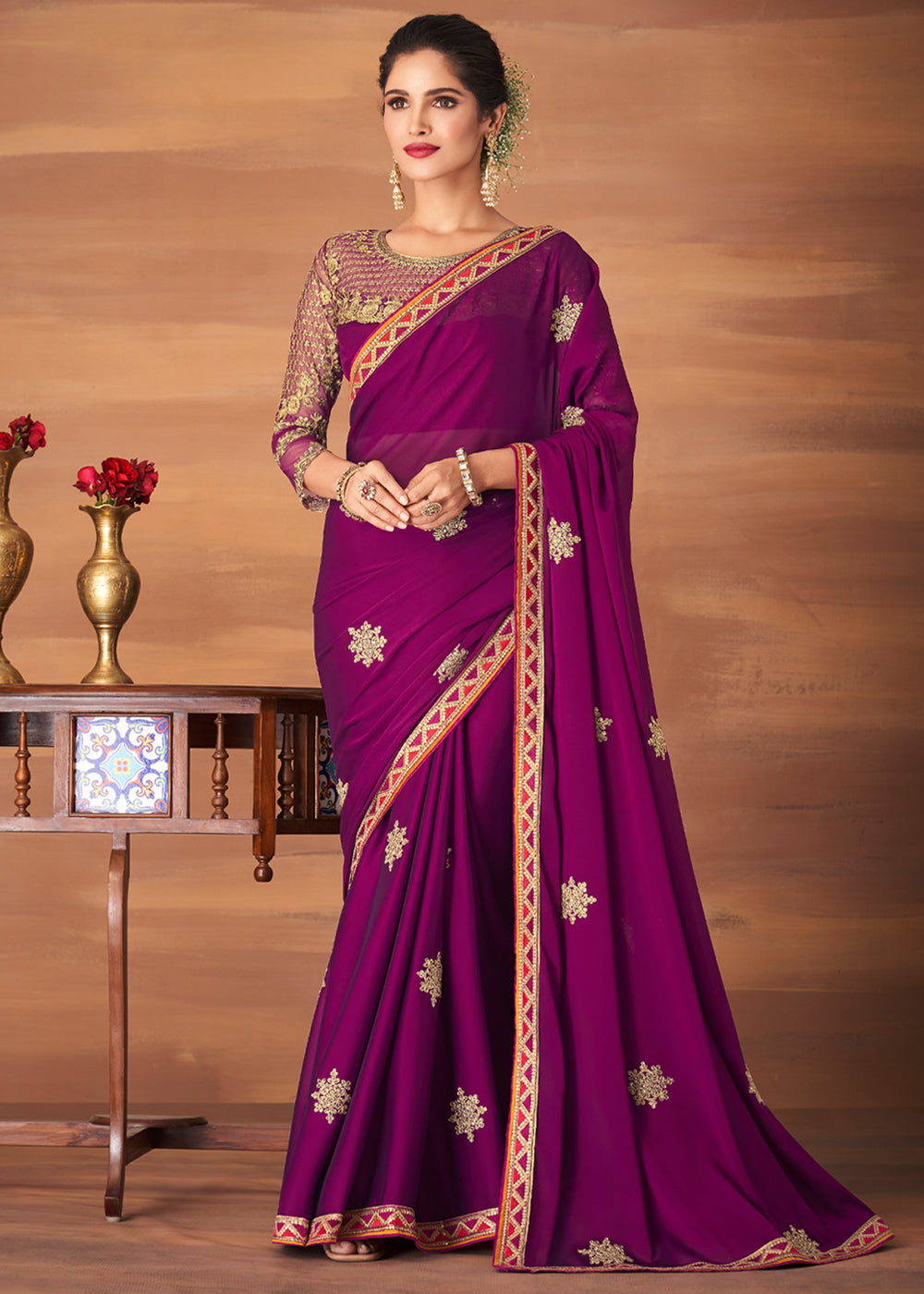 Buy MySilkLove Camelot Purple Designer Saree with Embroidered Blouse Online