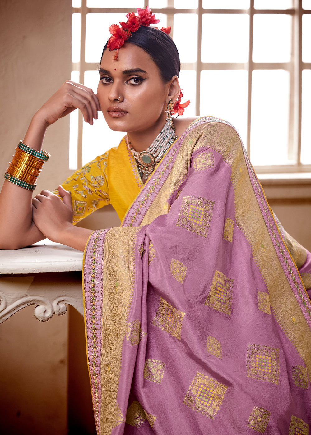 Buy MySilkLove Shocking Purple and Yellow Banarasi Saree with Designer Blouse Online