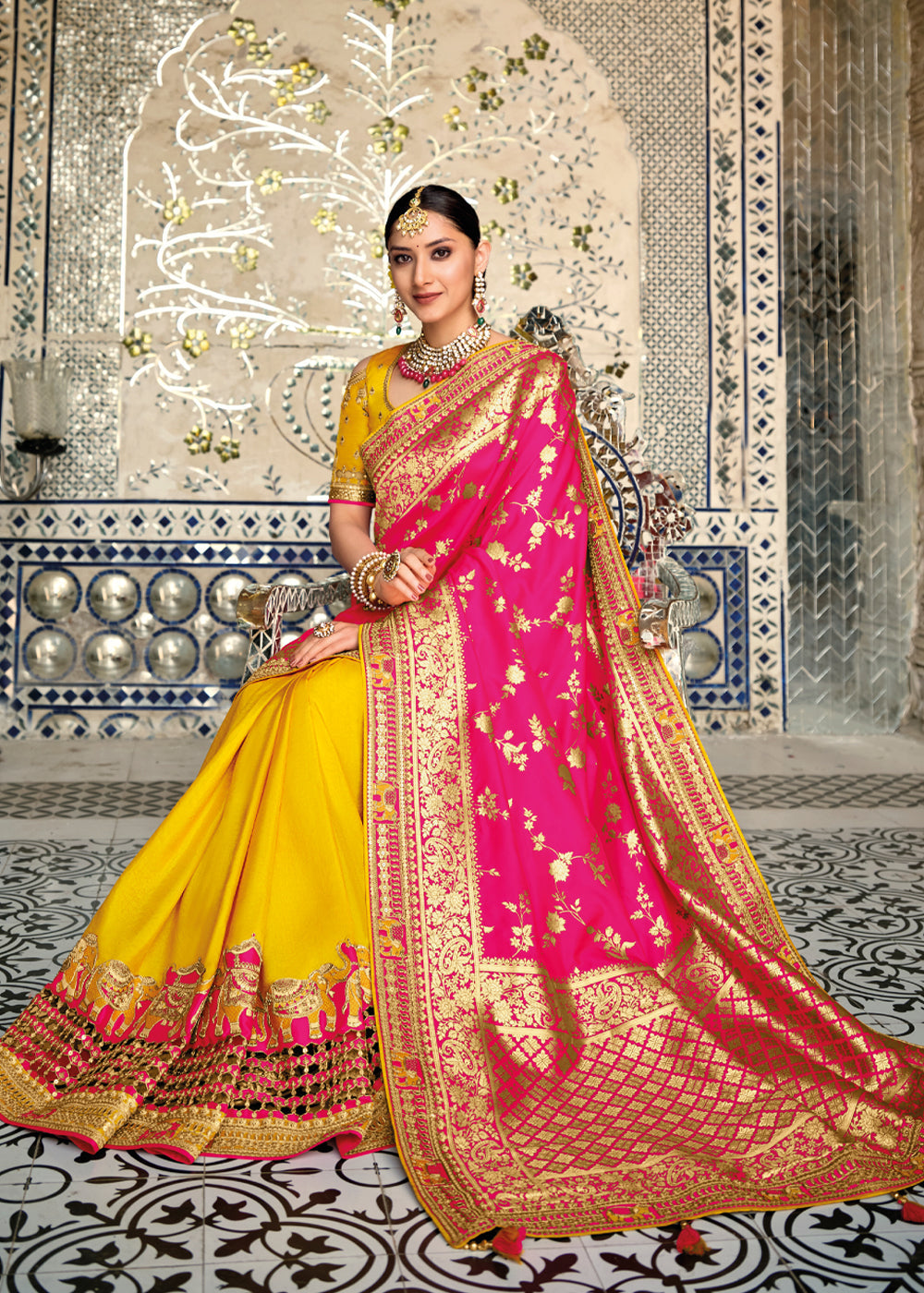 Buy MySilkLove Canary Yellow & Pink Zari Woven Designer Banarasi Saree Online