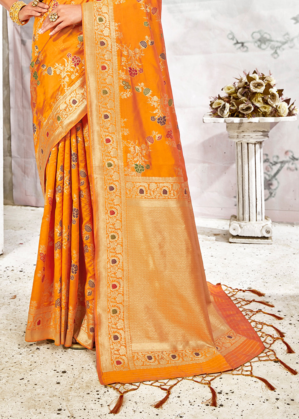 Buy MySilkLove Carrot Orange Zari Woven Banarasi Jamdani Silk Saree Online