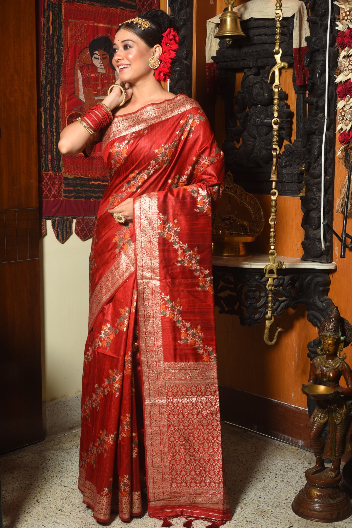 Buy MySilkLove Carnation Red Woven Tussar Silk Saree Online