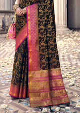 Cinder Black and Pink Zari Woven Banarasi Raw Silk Saree