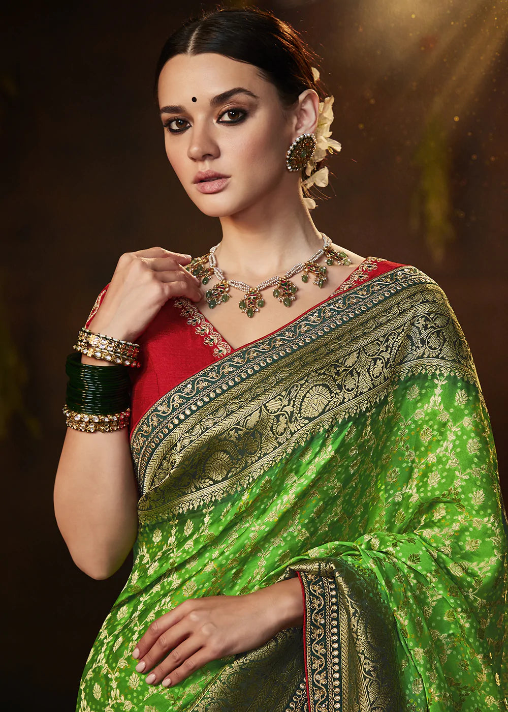 Buy MySilkLove Wild Willow Green Woven Georgette Designer Saree with Embroidered Blouse Online