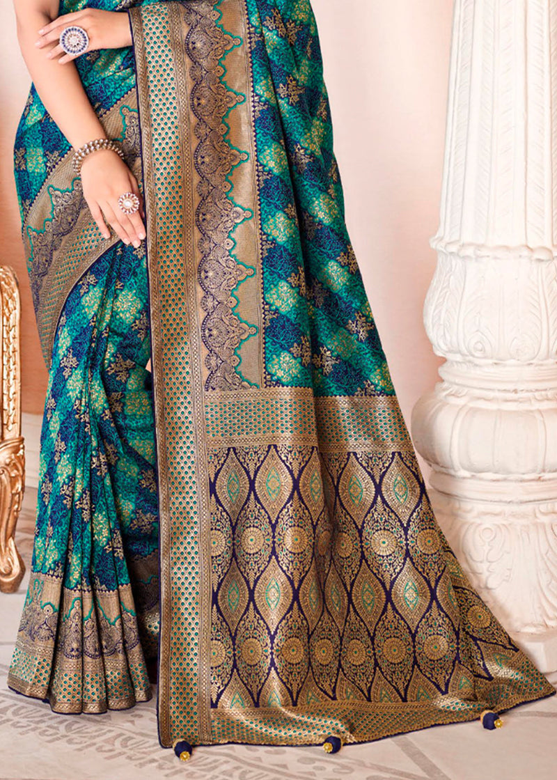 Emerald Green and Blue Zari Woven Banarasi Saree with Designer Blouse