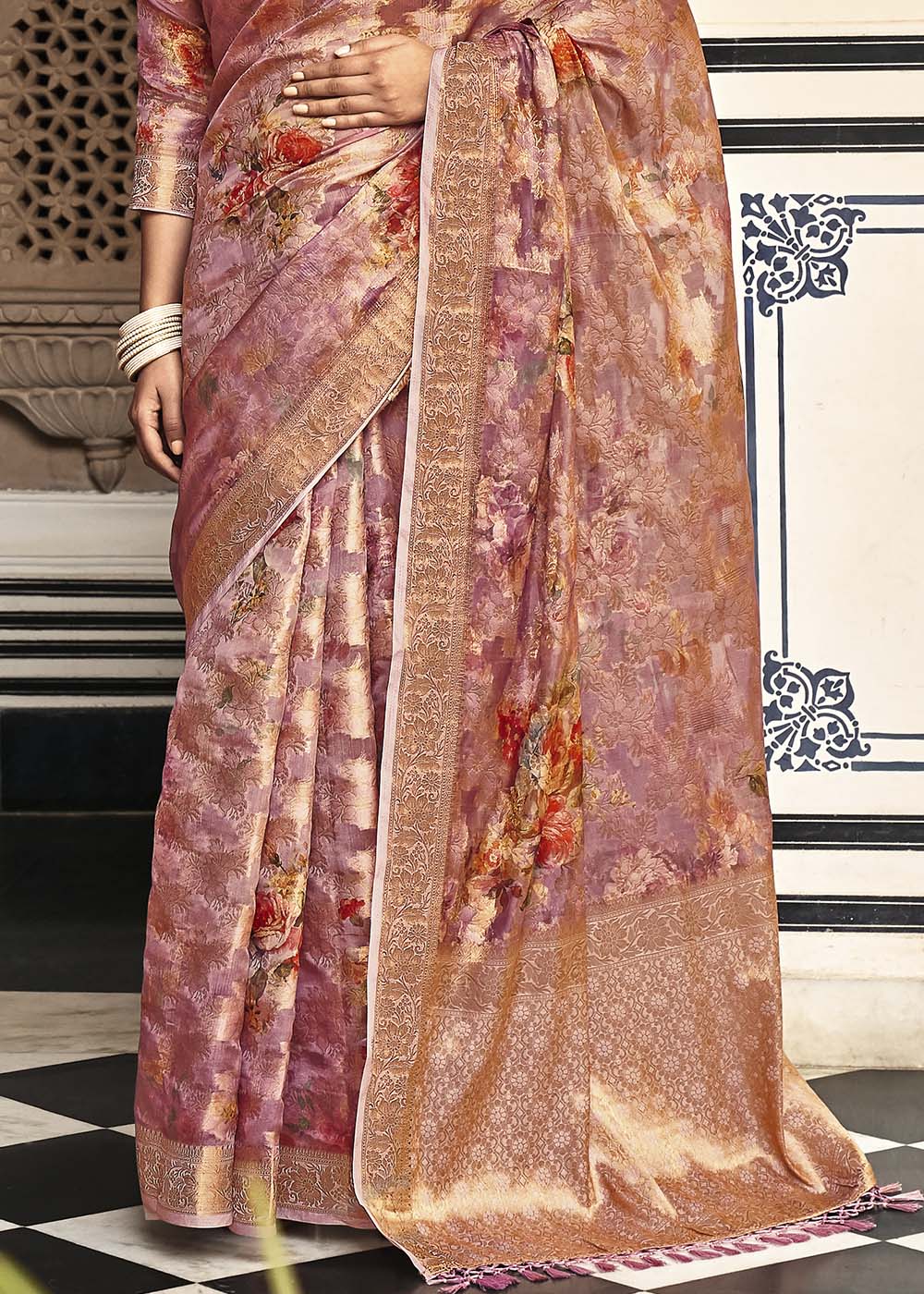 Buy MySilkLove Burning Sand Pink Digital Printed Brasso Saree Online