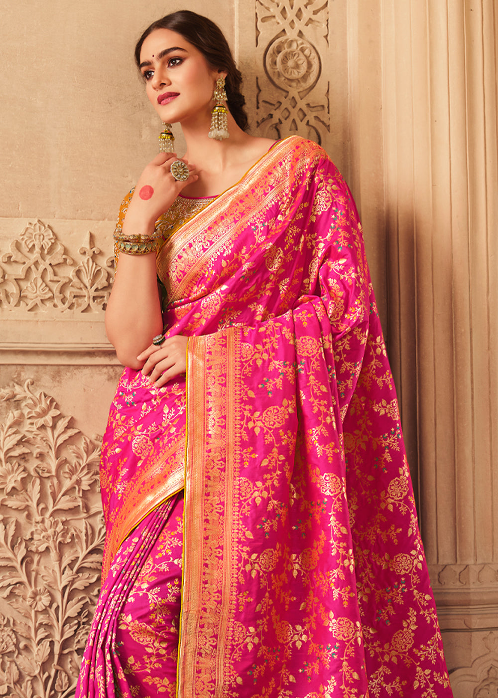 Buy MySilkLove Rose Pink and Yellow Zari Woven Banarasi Saree with Designer Blouse Online