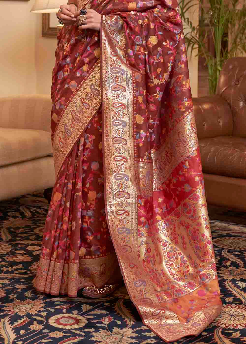 Buy MySilkLove Stiletto Brown Banarasi Jamawar Woven Silk Saree Online