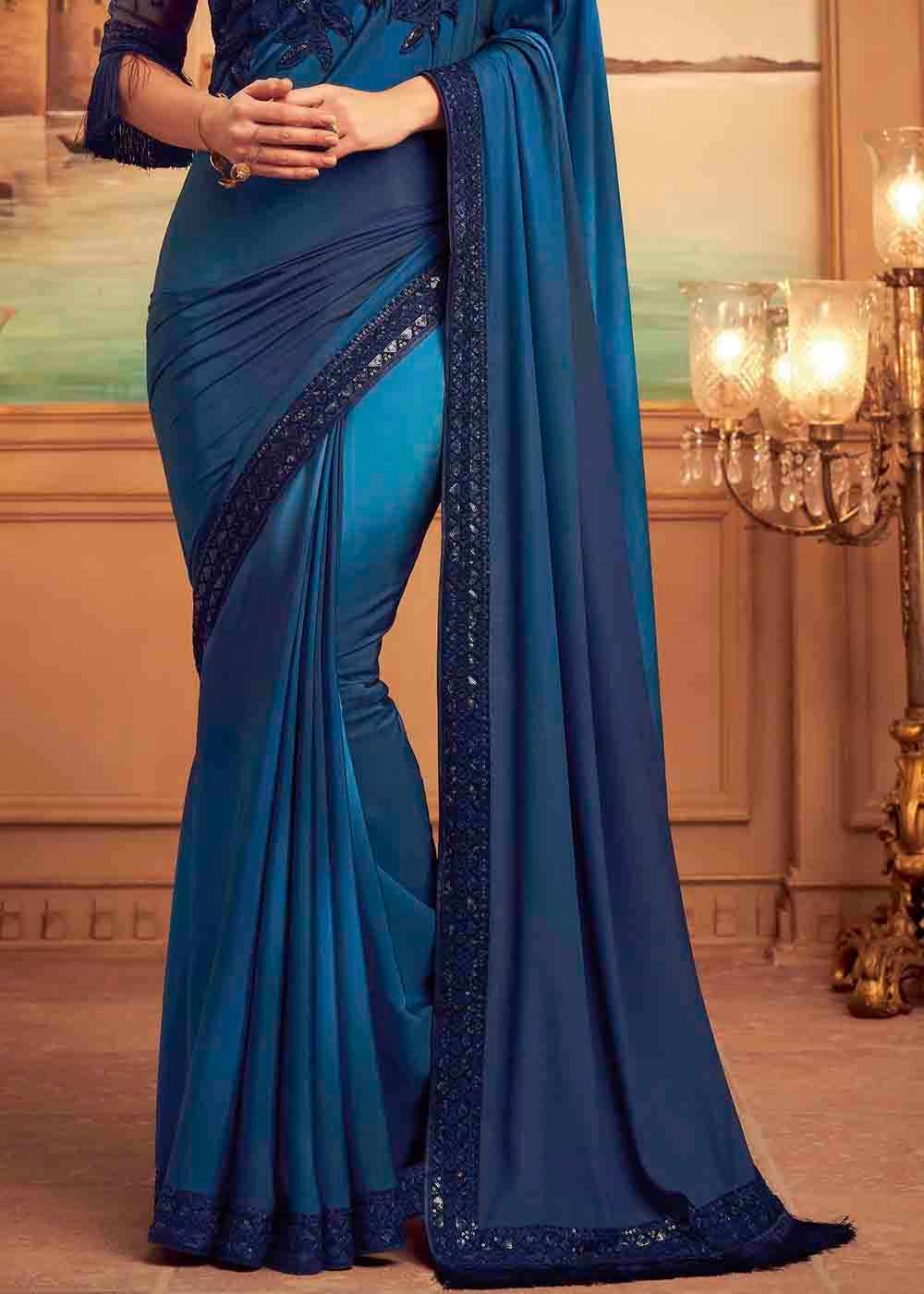 Buy MySilkLove Cello Blue Embroidered Satin Silk Designer Saree Online