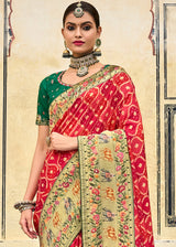 Valencia Red and Green Patola Printed Dola Silk Saree With Embroidered Blouse