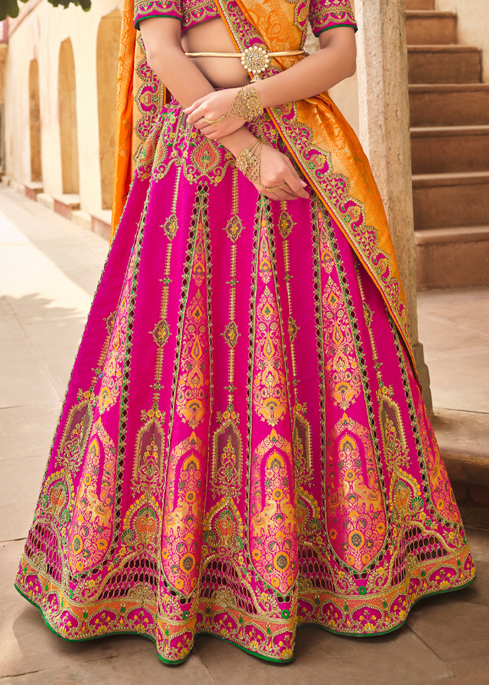 Buy MySilkLove Cranberry Pink and Orange Heavy Embroidered Lehenga Online