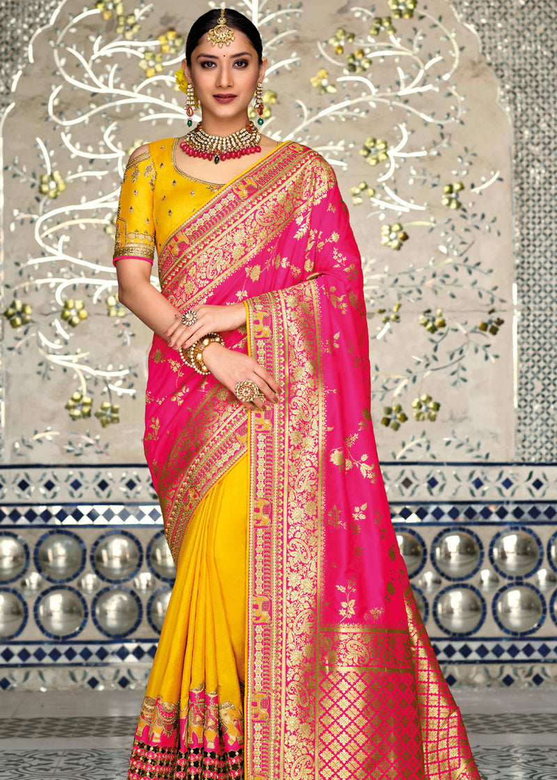 Canary Yellow & Pink Zari Woven Designer Banarasi Saree