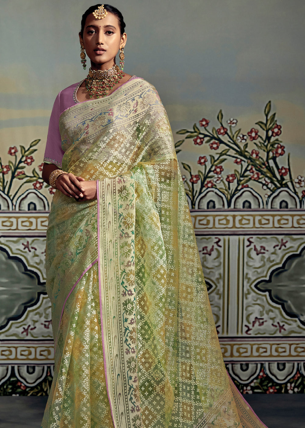 Buy MySilkLove Locust Green and Yellow Woven Soft Silk Saree with Embroidered Blouse Online