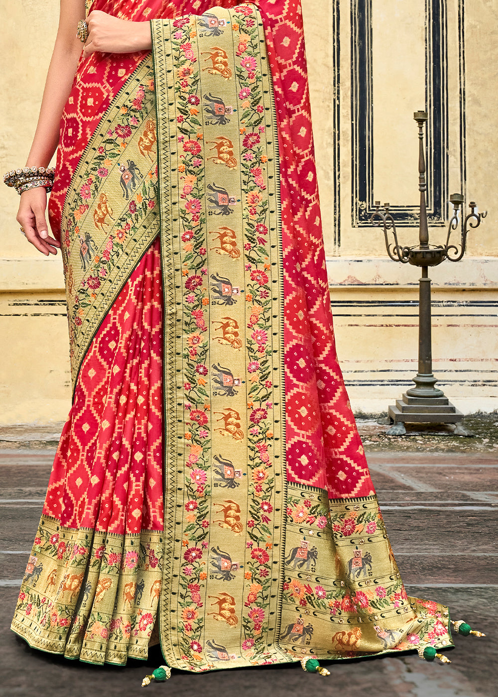 Buy MySilkLove Valencia Red and Green Patola Printed Dola Silk Saree With Embroidered Blouse Online