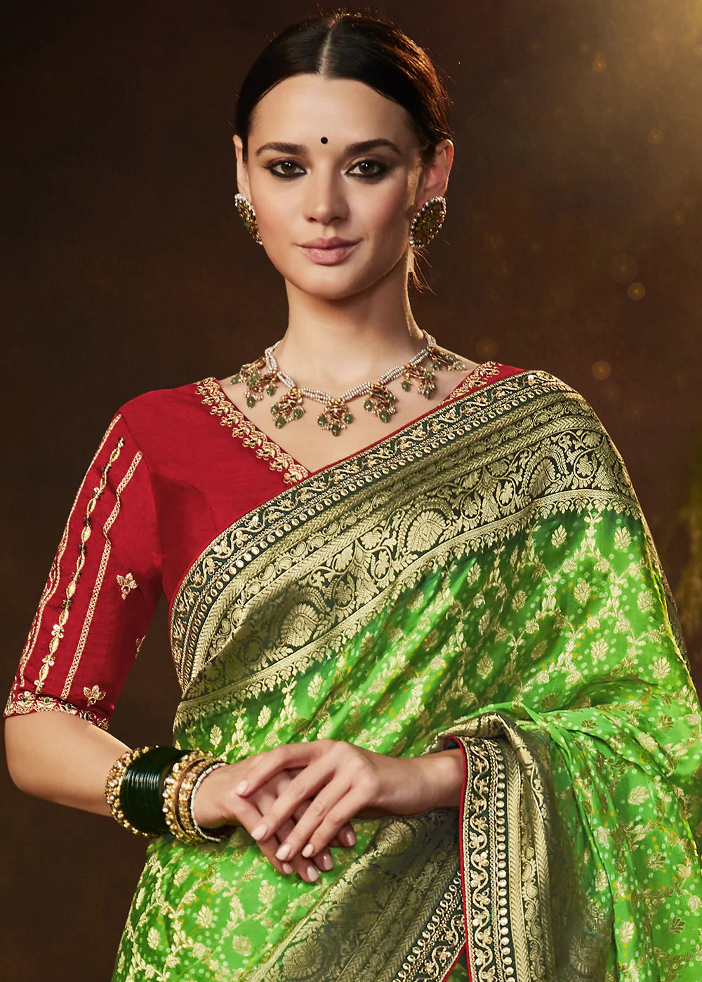 Buy MySilkLove Wild Willow Green Woven Georgette Designer Saree with Embroidered Blouse Online