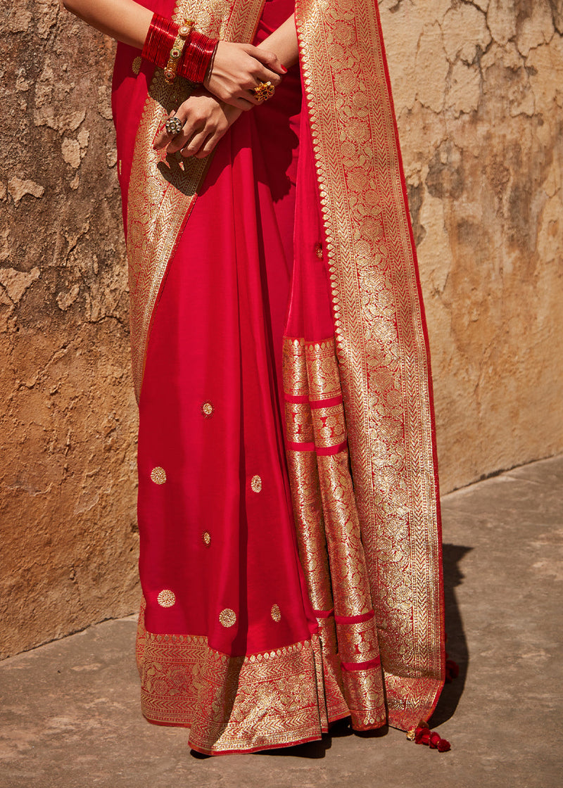 Valencia Red Zari Woven Designer Banarasi Saree