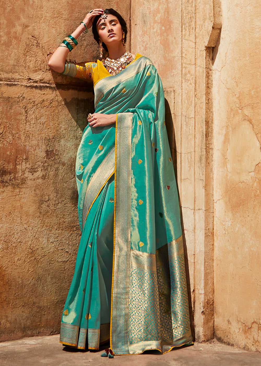 Buy MySilkLove Ocean Blue and Yellow Zari Woven Designer Banarasi Saree Online