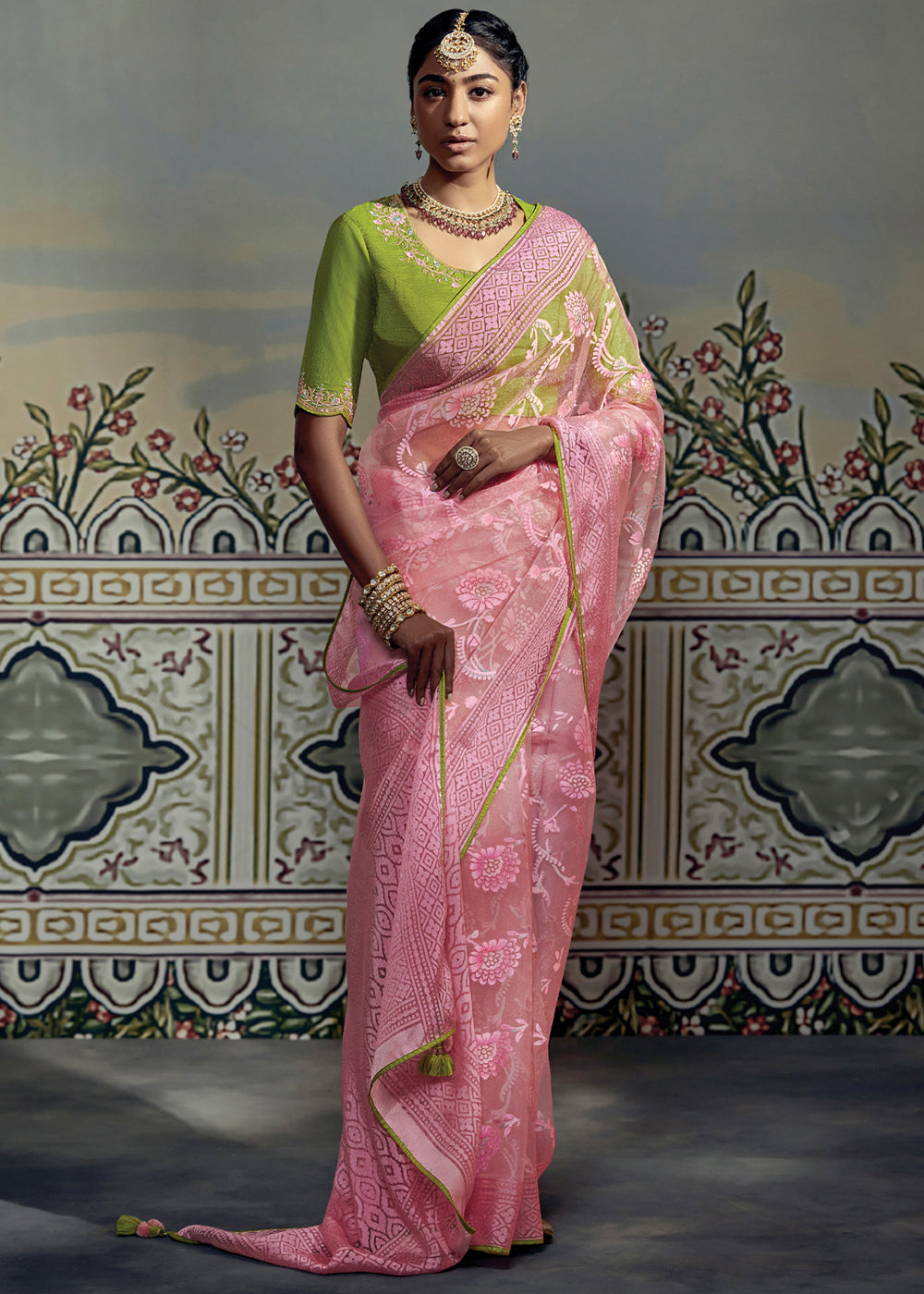 Buy MySilkLove Contessa Pink and Green Woven Soft Silk Saree with Embroidered Blouse Online