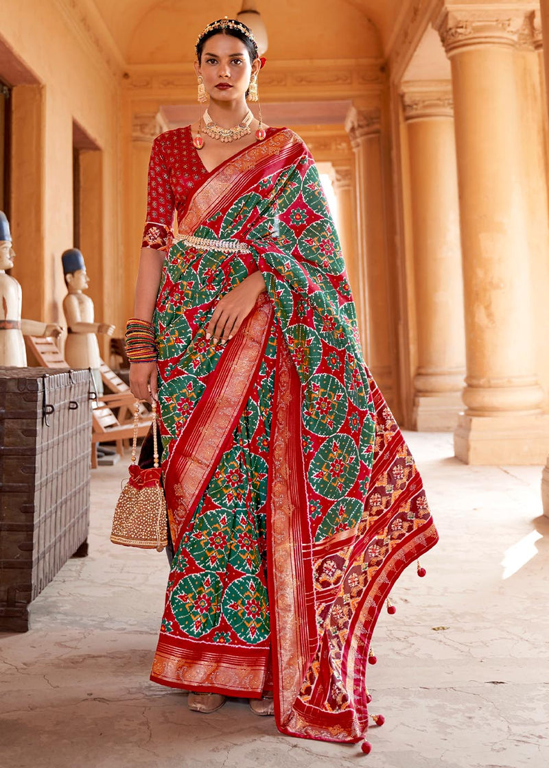 Willow Grove Green and Red Printed Patola Saree