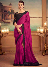 Blush Pink and Black Embroidered Satin Silk Designer Saree