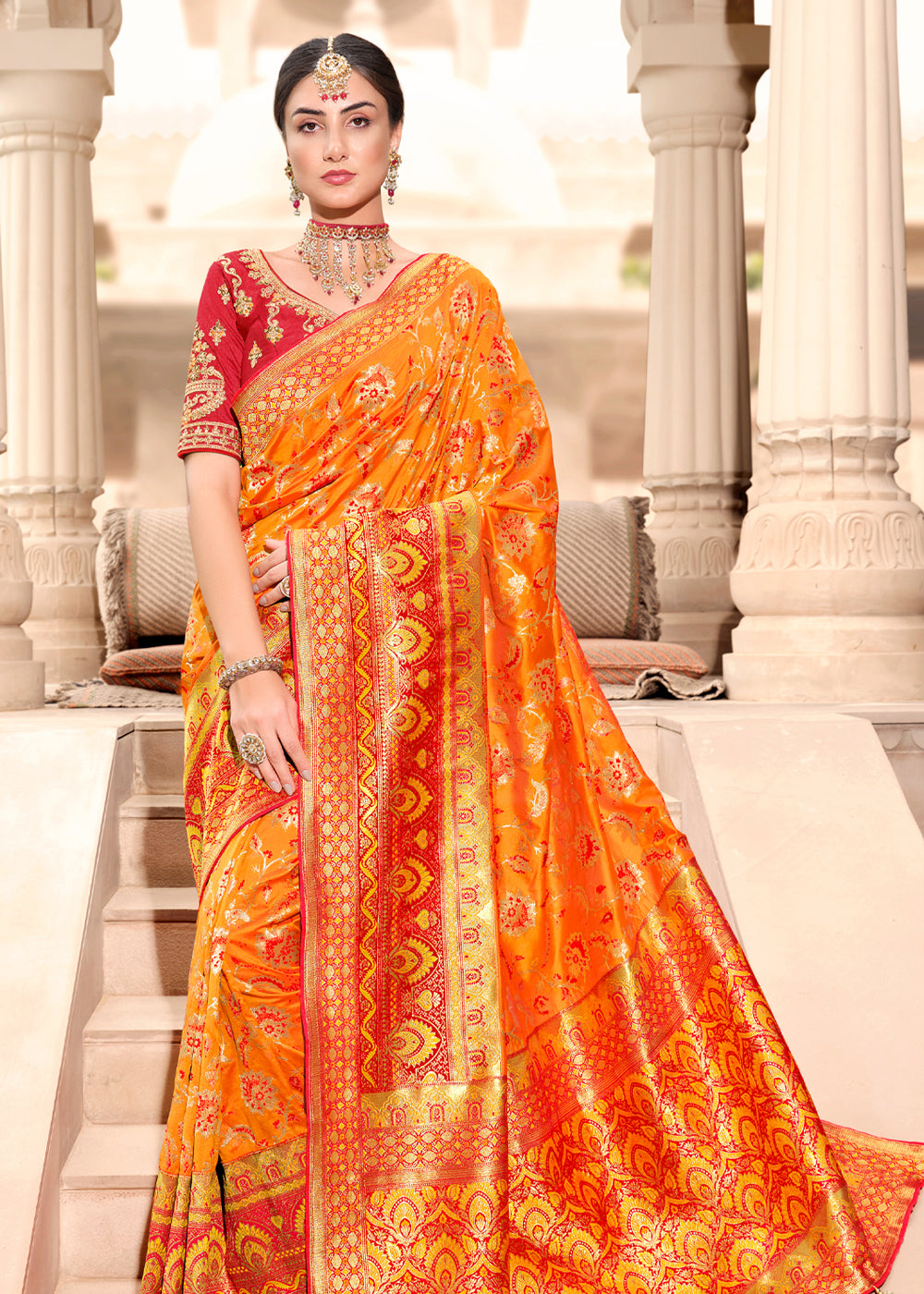 Buy MySilkLove Burnt Orange and Red Woven Designer Banarasi Silk Saree Online