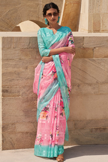 Buy MySilkLove Pale Rose Pink and Blue Digital Printed Linen Floral Saree Online