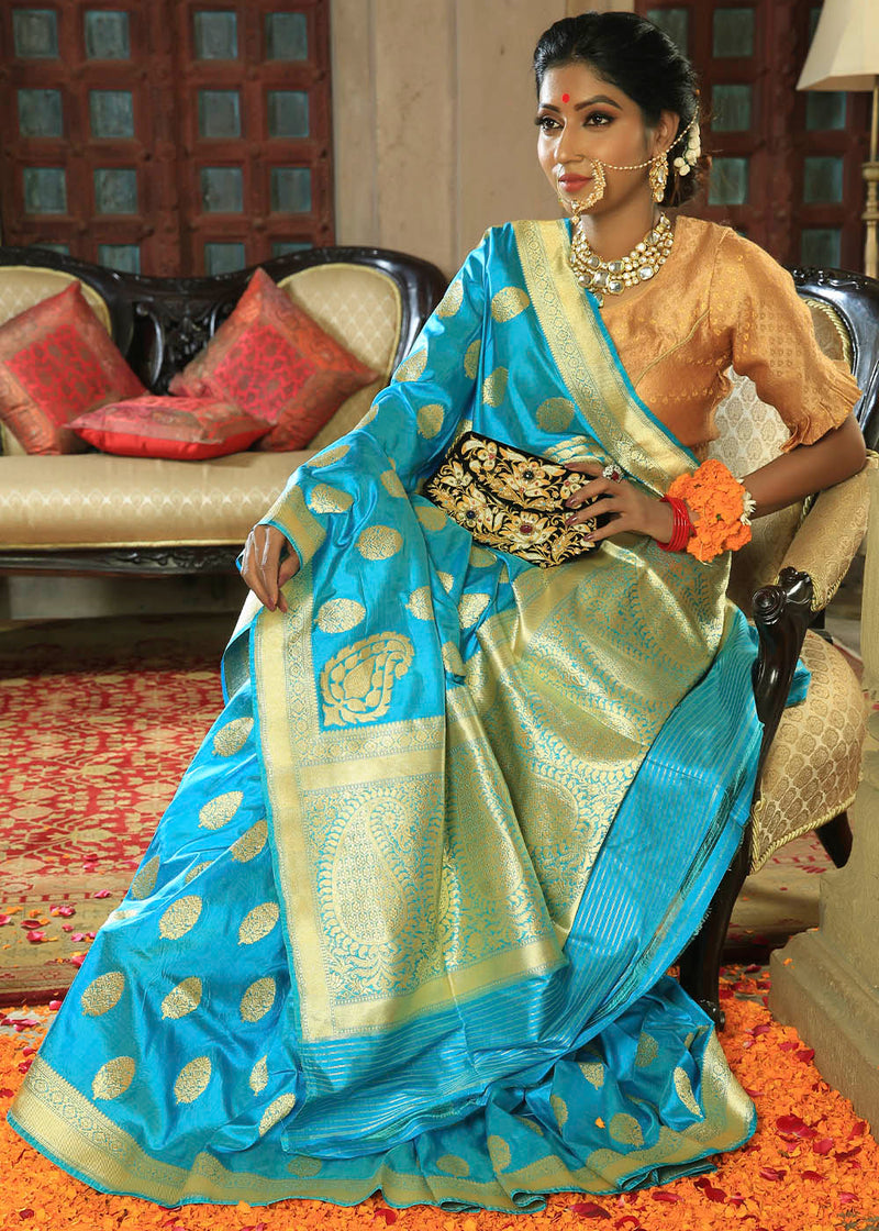 Pelorous Blue Katan Pure Silk Handwoven Konia Booti Jangla Saree