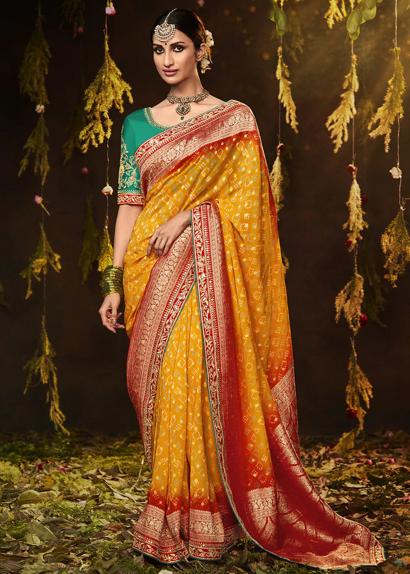 Yellow and Orange Handcrafted Pure Kota Silk Leheriya Saree – Geroo Jaipur