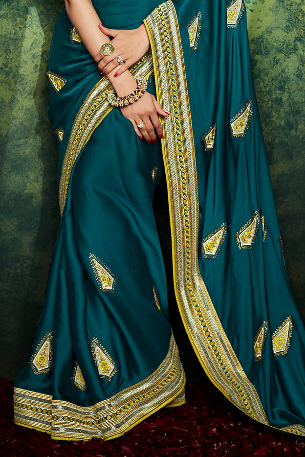 Buy MySilkLove Elm Greenish Blue and Yellow South Silk Saree Online