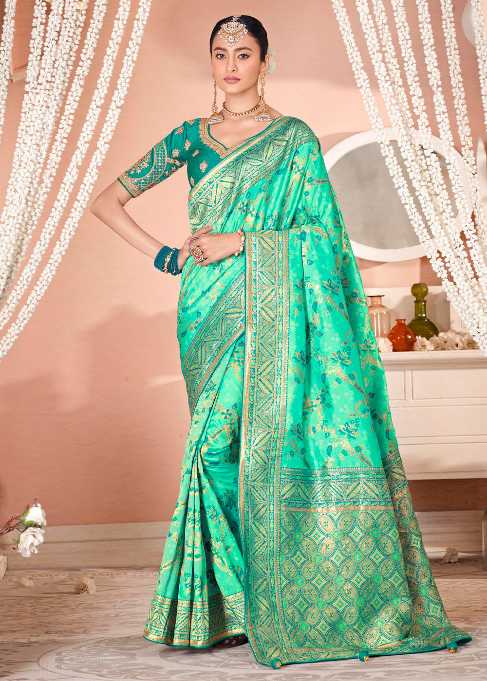 Buy MySilkLove Eucalyptus Green Zari Woven Banarasi Saree with Designer Blouse Online