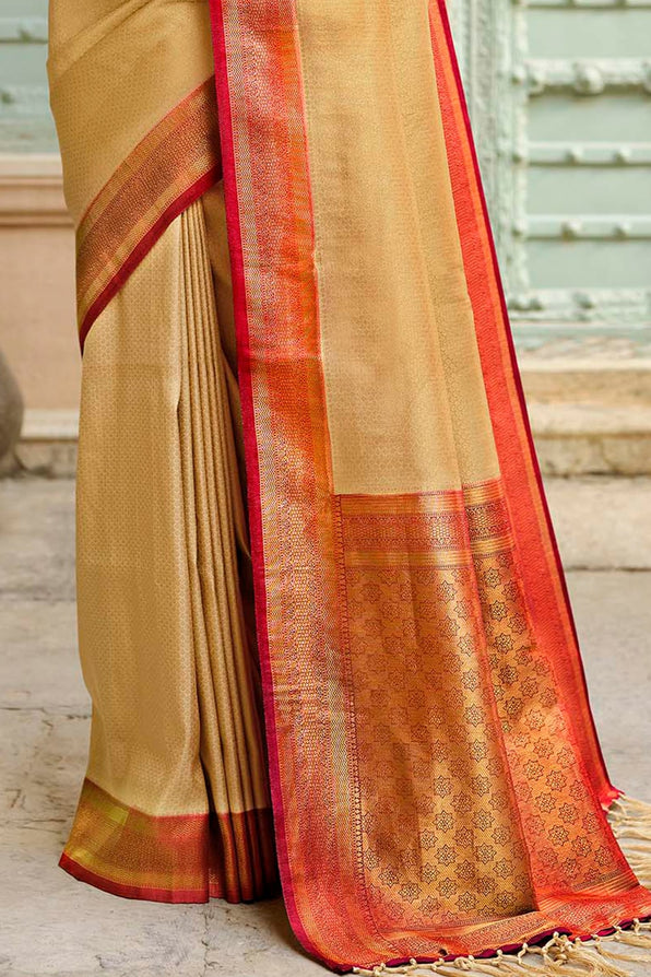 Harvest Beige and Red Zari Woven Kanjivaram Saree