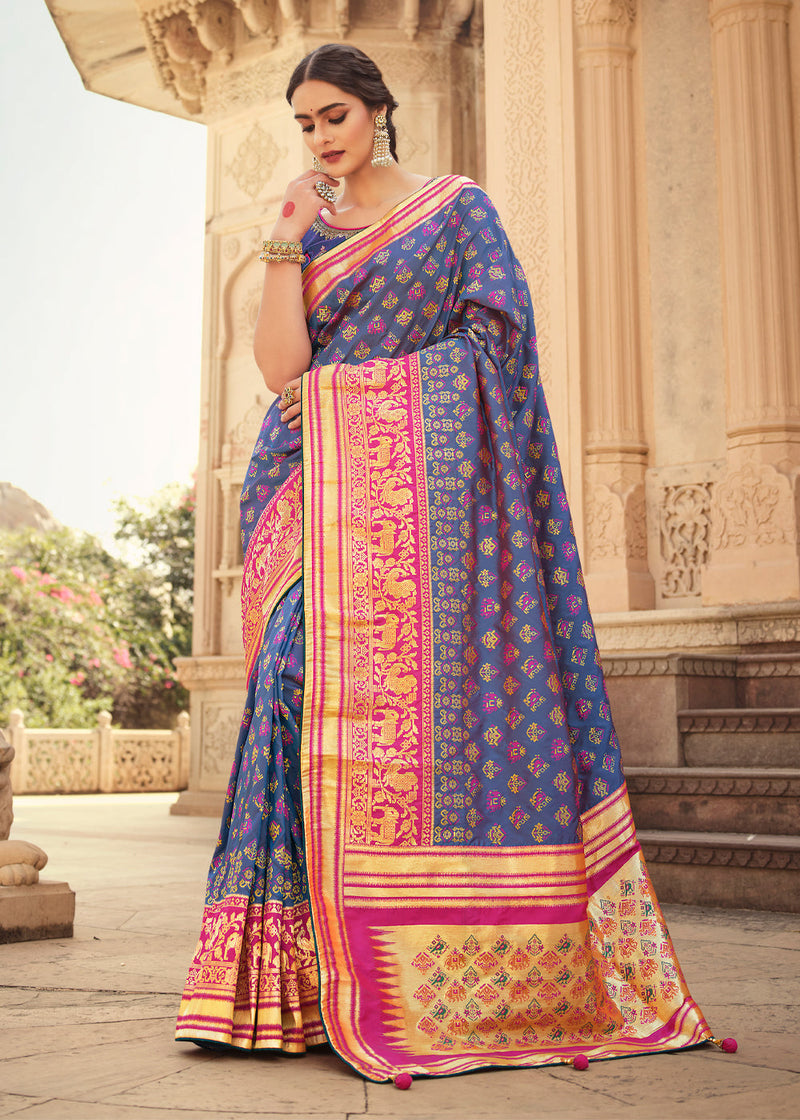 Comet Blue and Pink Zari Woven Banarasi Saree with Designer Blouse