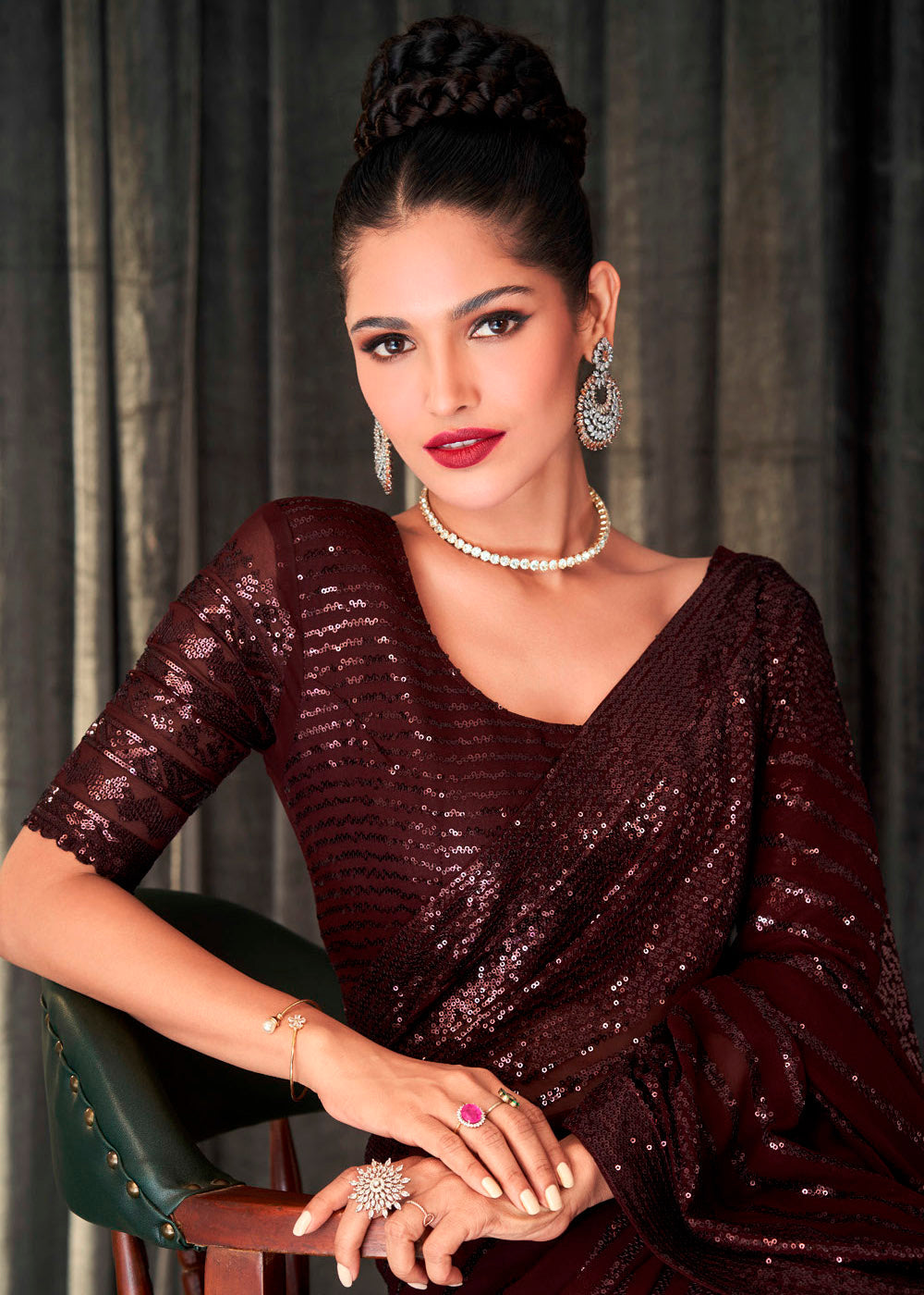 Buy MySilkLove Aubergine Brown Sequins Embroidered Designer Georgette Saree Online