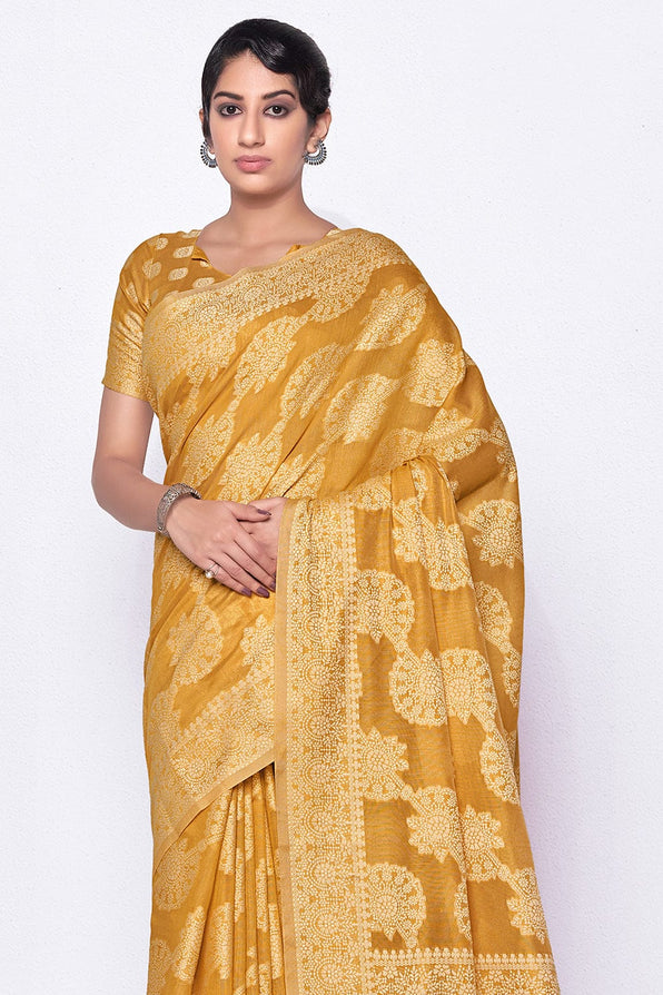 Buy MySilkLove Raw Sienna Yellow Cotton Saree Online