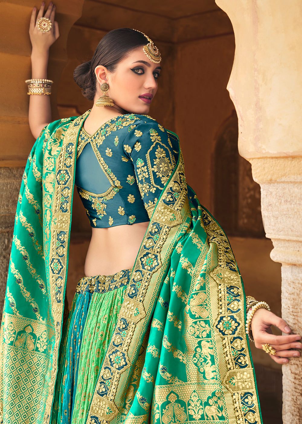 Buy MySilkLove Jade Blue and Green Heavy Embroidered Lehenga Online