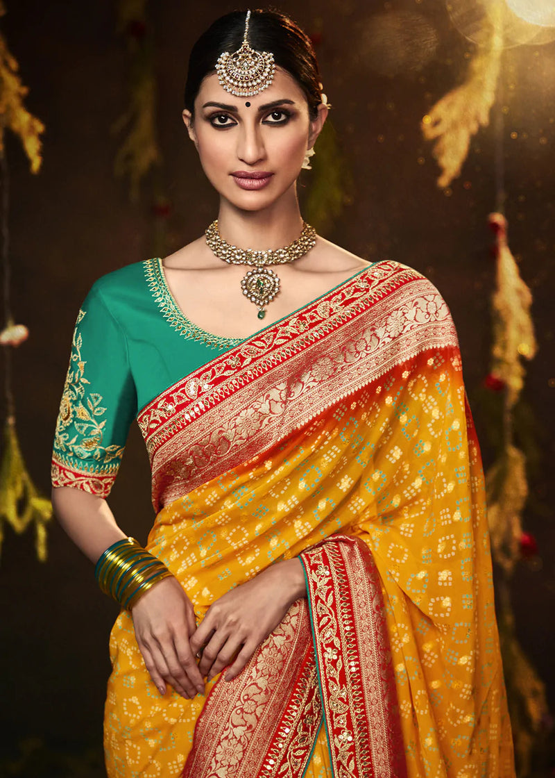 Red and Yellow Color Banarasi Heavy Bridal Wear Saree – fashionnaari