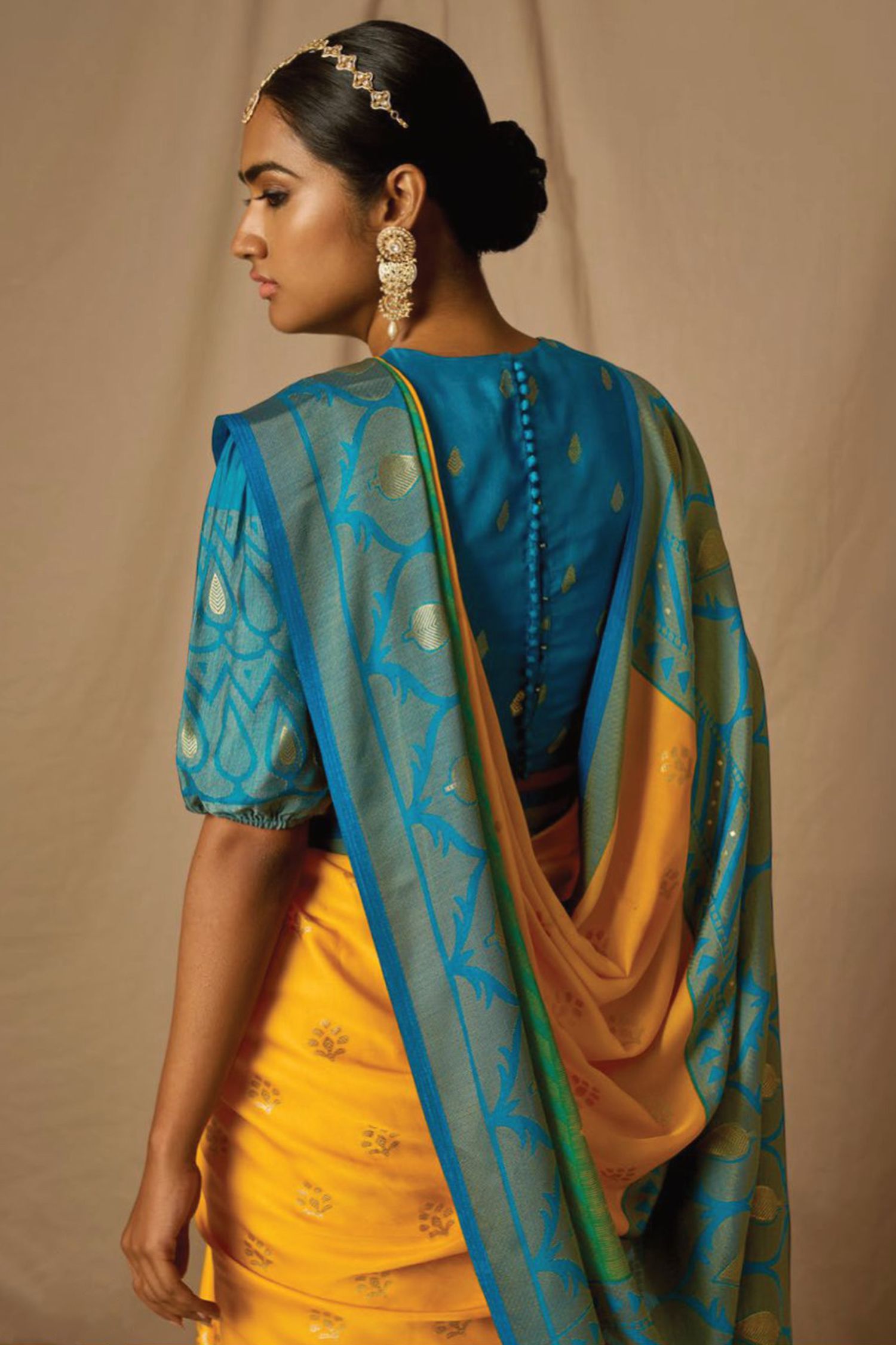 MySilkLove Buttercup Yellow and Blue Woven Banarasi Silk Saree