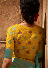 Ocean Blue and Yellow Zari Woven Designer Banarasi Saree