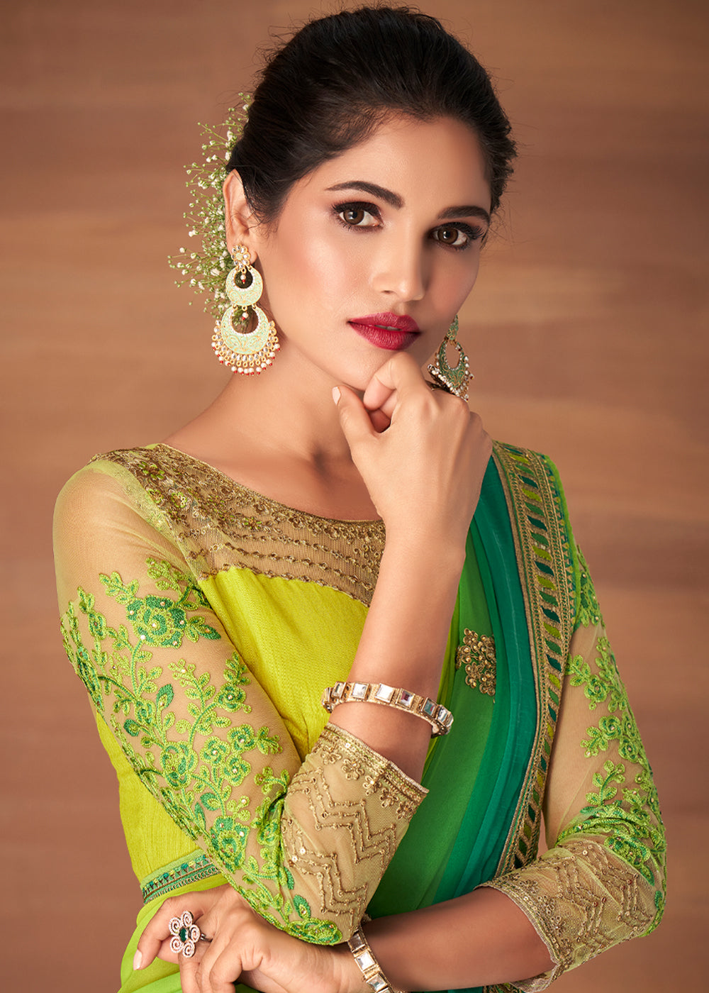 Buy MySilkLove Fern Green and Yellow Designer Saree with Embroidered Blouse Online