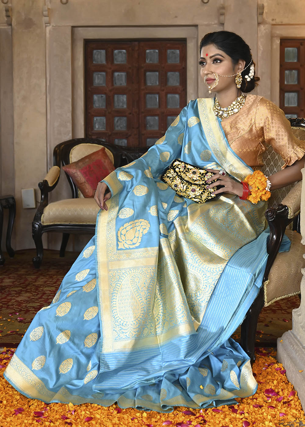 Buy MySilkLove Pelorous Blue Katan Pure Silk Handwoven Konia Booti Jangla Saree Online