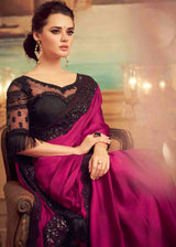 Blush Pink and Black Embroidered Satin Silk Designer Saree